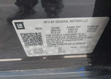 2019 Chevrolet Traverse 1Lt z USA, uszkodzony, nr VIN 1GNEVGKW1KJ143612